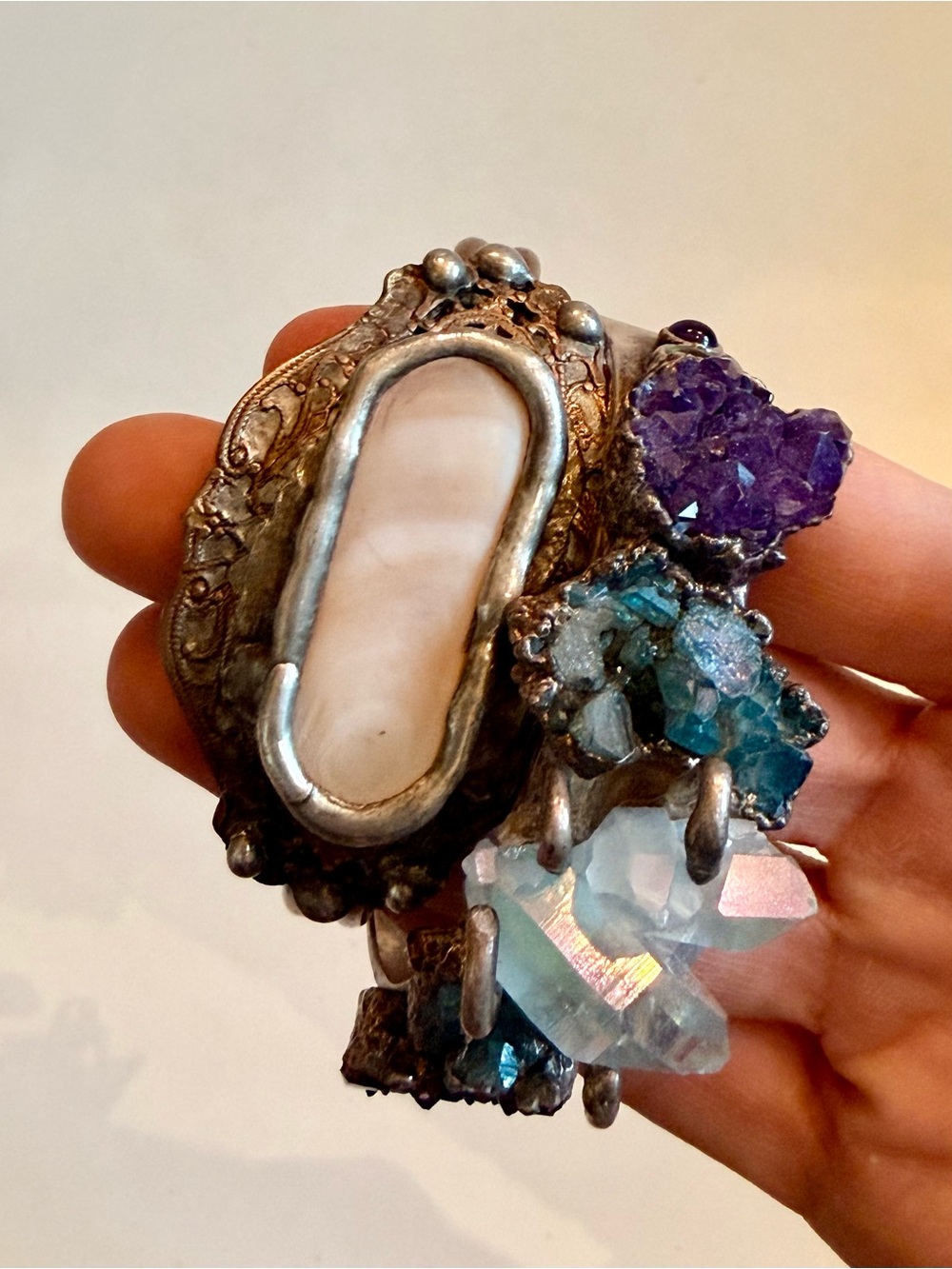Vintage Crystal & Free People Sculptural Cuff Bracelet Set